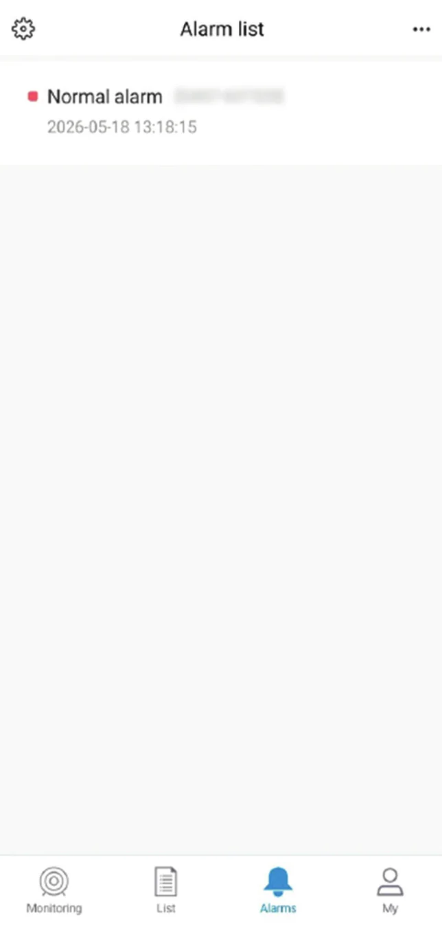 ProTrack mobile app Alarms tab showing alert history