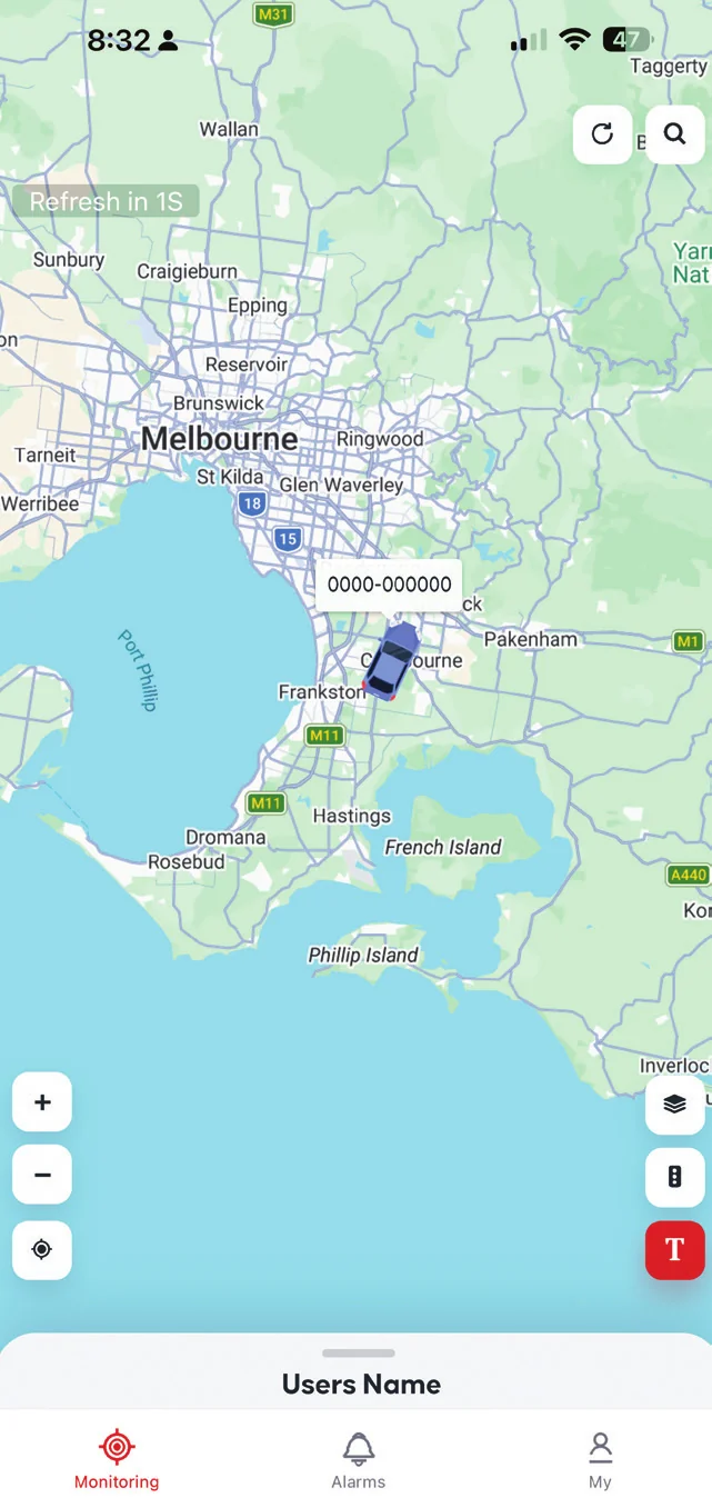 ProTrack mobile app Monitoring tab with a live map