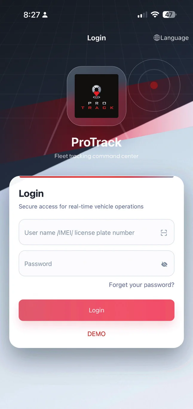 ProTrack mobile app login screen