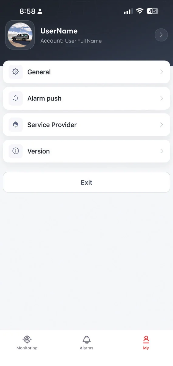 ProTrack mobile app My tab settings