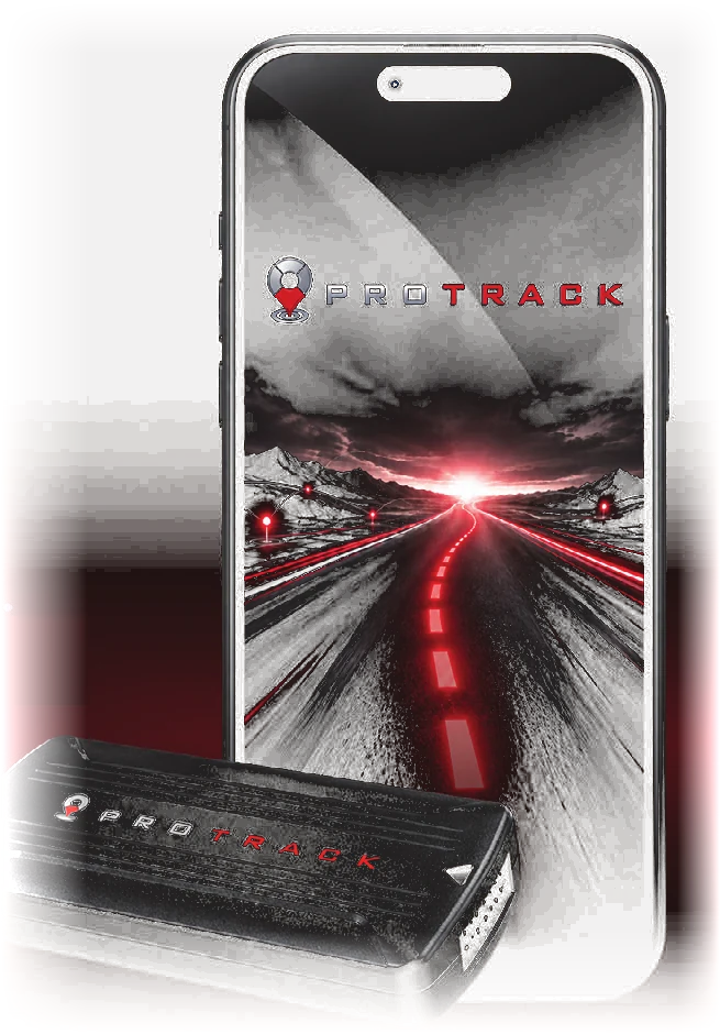 ProTrack mobile app on a phone beside the ProTrack GPS tracker