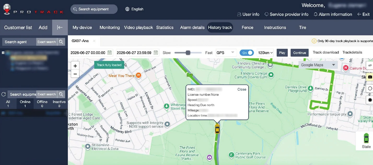 ProTrack desktop History track screen showing a trip route as a coloured line on the map