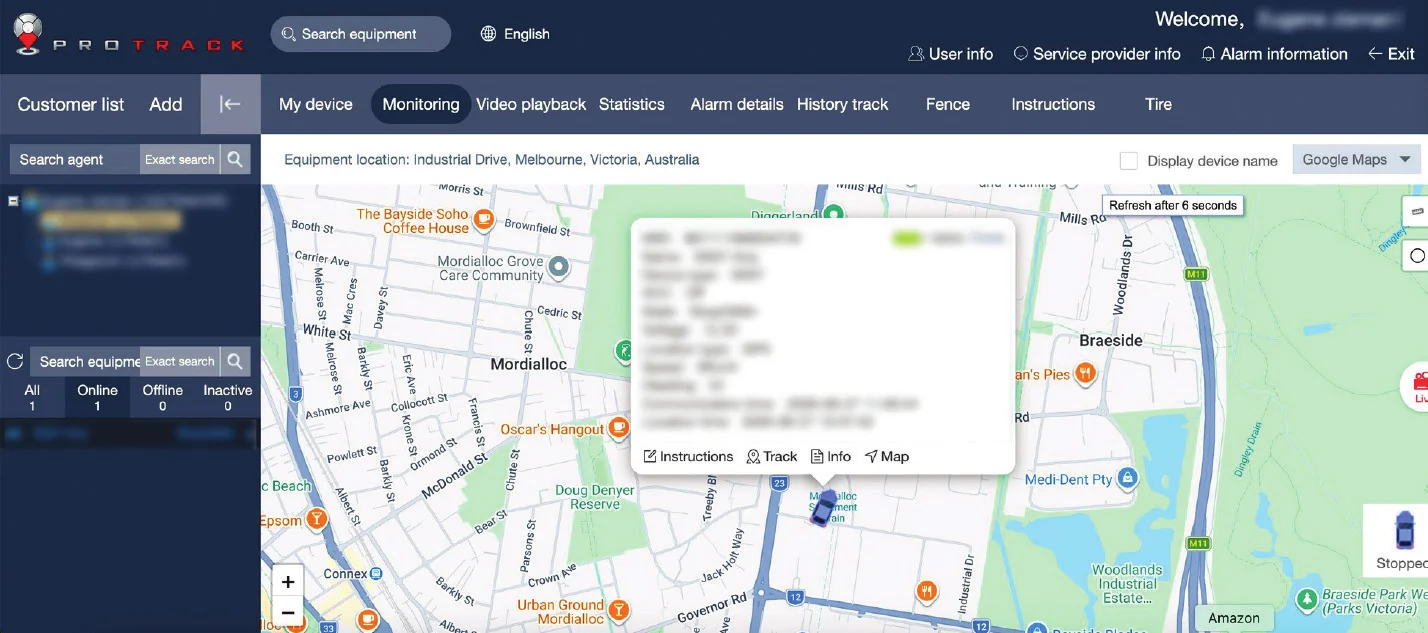 ProTrack desktop monitoring screen showing a vehicle on the map with the status panel on the left