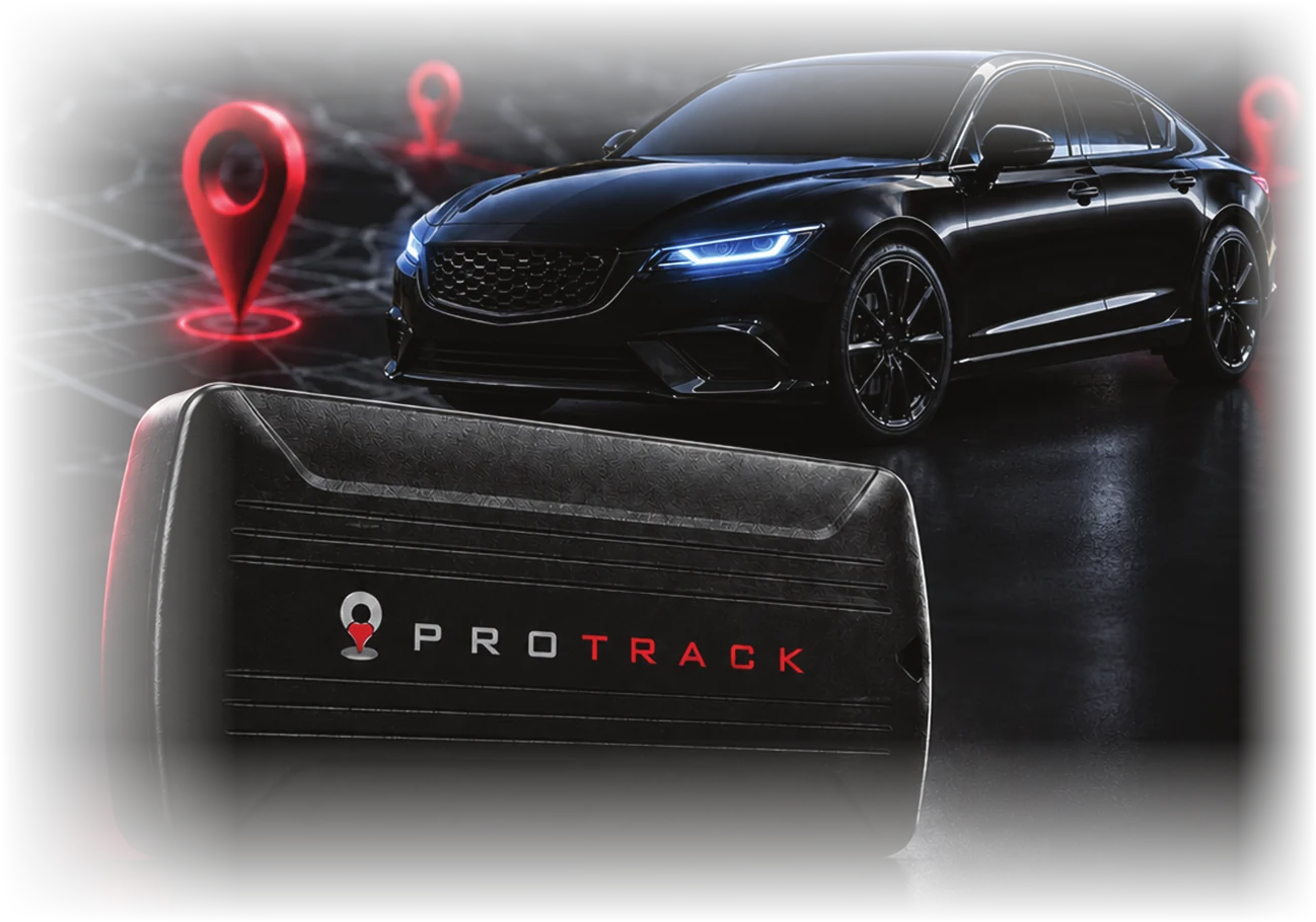 ProTrack GPS tracker in front of a black sedan with red location pins
